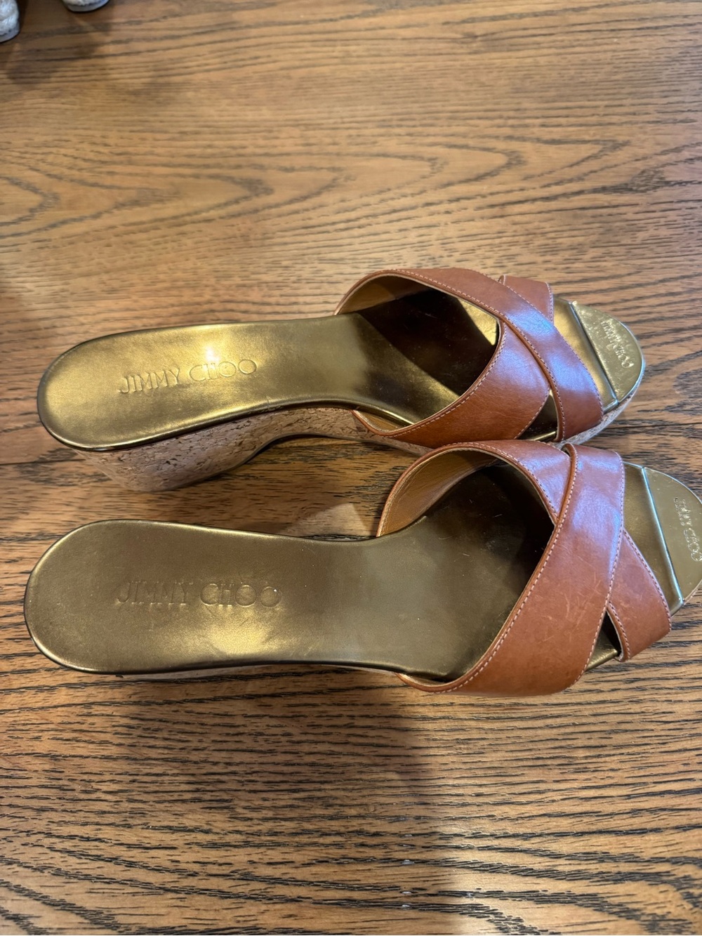 Jimmy Choo Brown Leather Cork Wedge Slides with Gold Footbed